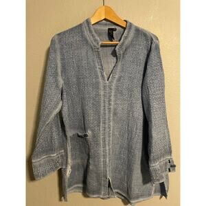 Focus Casual Life Shirt Womens Large Blue Cotton Gauze Tunic Long Sleeve Boho